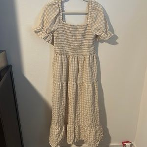 Yellow/beige plaid puff sleeve ruffle midi dress